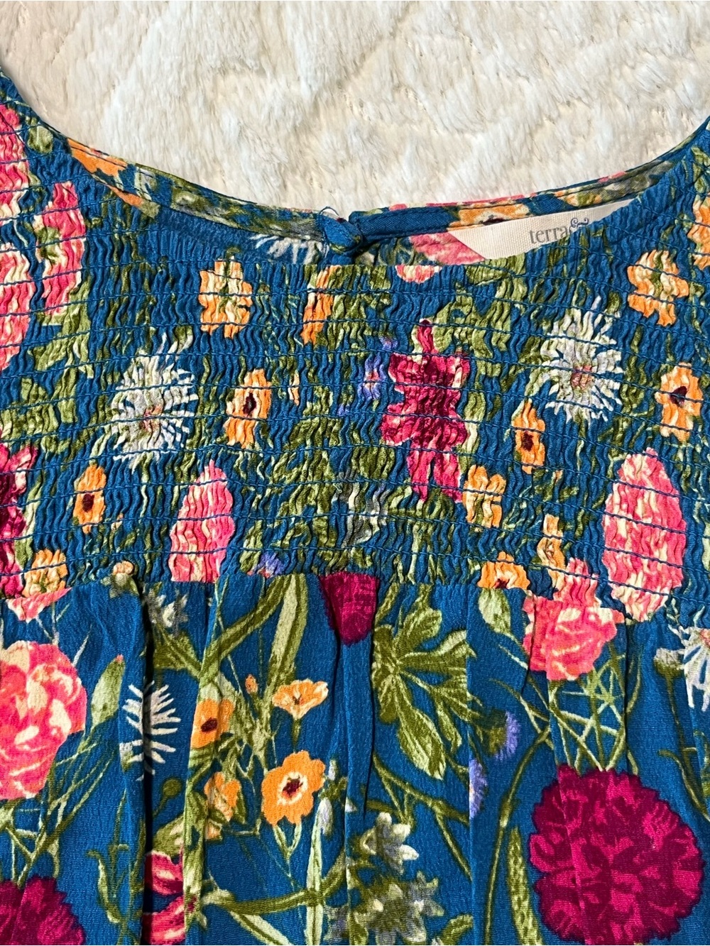 Terra & Sky Teal Floral Smocked Blouse with Pink Accents Size 2X - Picture 5 of 9
